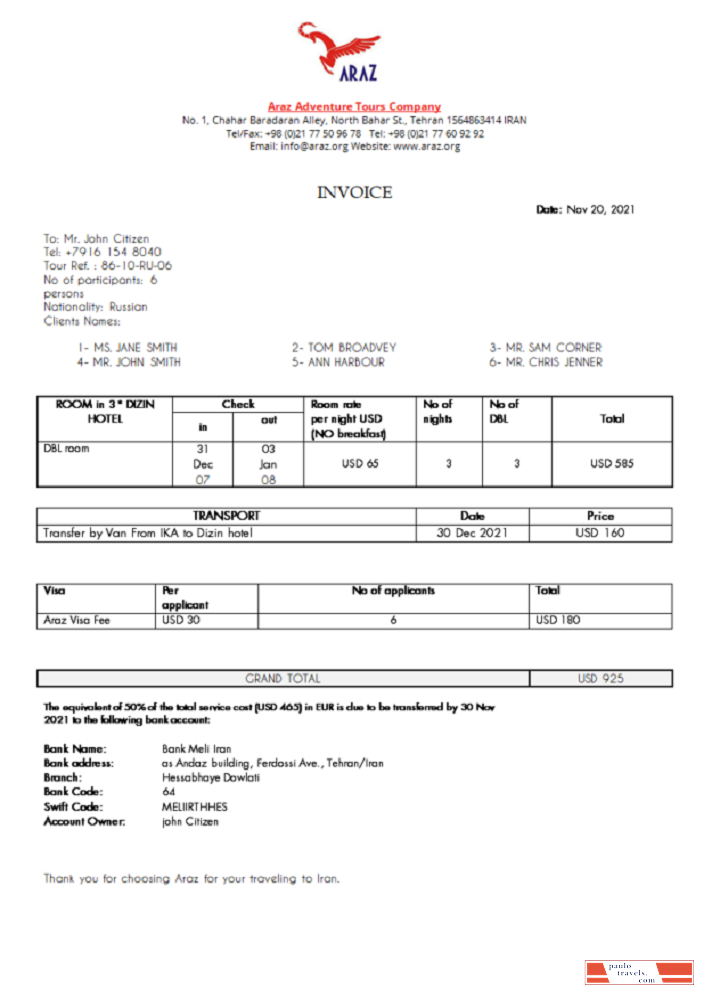 Iran Araz Tours Company invoice PSD template